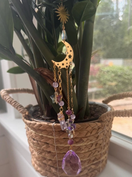 Crescent Moon Suncatcher | Celestial Window Hanging | Dainty Gold Moon with Purple Crystal or AB Crystal | Boho Home Decor Gift