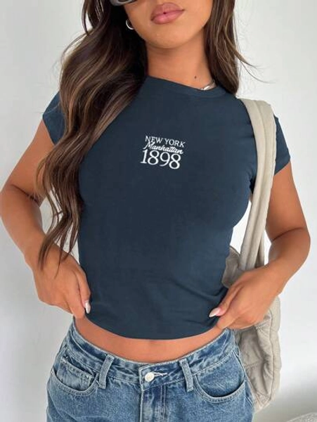 INAWLY Women Summer Short Sleeve Casual T-Shirt With Letter Print Round Neck Graphic Tees Women Tops