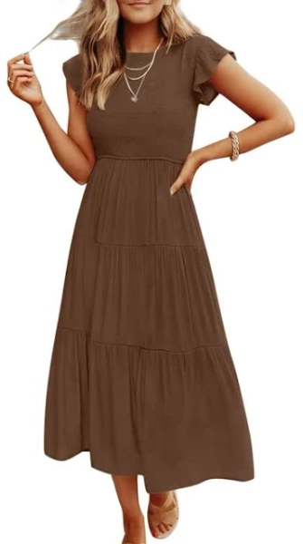 Coloody Women's Summer Casual Midi Dress Boho Flutter Sleeve Crew Neck Smocked Flowy Tiered A-Line Long Beach Dress