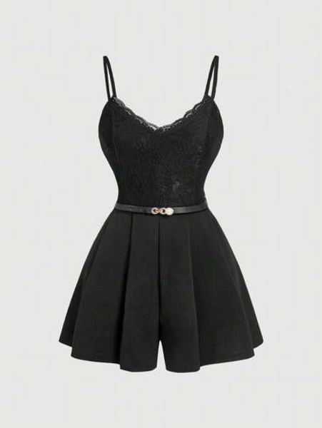 SHEIN MOD Plus Size Women's Floral Print Lace Waistband Cami Jumpsuit,Women's Elegant Jumpsuit, V-Neck Lace Jumpsuit Shorts,Black Jumpsuit