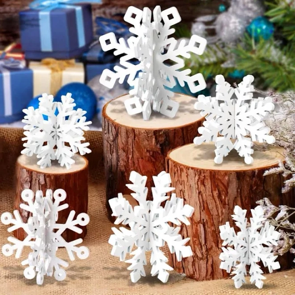 OuMuaMua 6 Set Snowflake Christmas Table Decorations - 12pcs White Wooden 3D Snowflake Decor Tabletop Centerpiece for Christmas