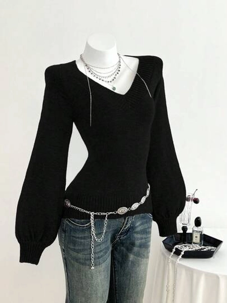 Elamini Women's Casual V-Neck Loose Fit Solid Color Black Long Sleeve Sweater