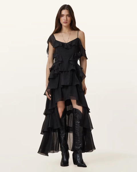 Sienna Ruffled Maxi Dress Black | ALLSAINTS US
