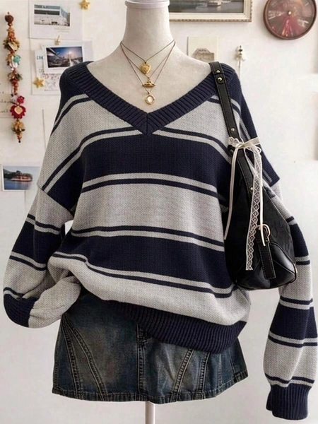 Lalippa Women's V-Neck Colorblock Casual Versatile Daily Wear Long Sleeve Sweater