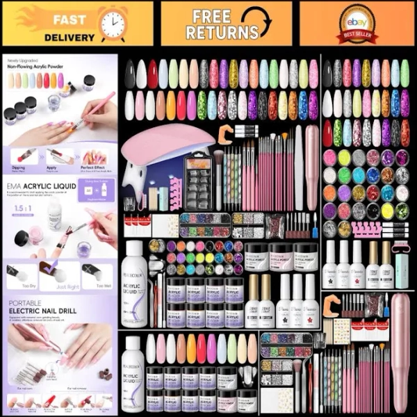 Acrylic Nail Kit For Beginners - 11 Colors Powder, Uv Light, Gel