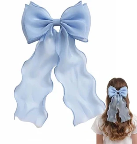 Women and Girls Elegant Large Blue Fabric Hair Bow Clip