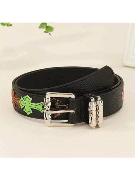 1pc New Cross Flower Pattern Punk Buckle Casual Belt For Men, Youth Street Fashion Leather Belt Fall, Autumn, Halloween Autumn-Winter Accessories,Suitable For Teens, Youth,Men,Casual, Outdoor, Athletic, Vacation, Graduation Gifts, Birthday, Daily Wear