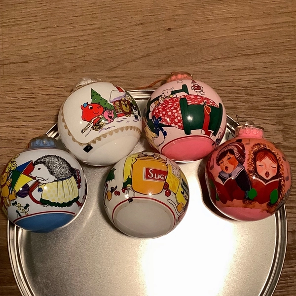Vintage children stories baubles, 1970's Mr Men, mice, hedgehogs