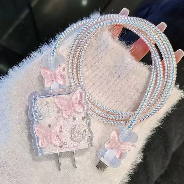 Glue Pink Butterfly Suitable for Apple Data Cable Protective Case Mobile Quick Charge 20W Charger Protection Cover