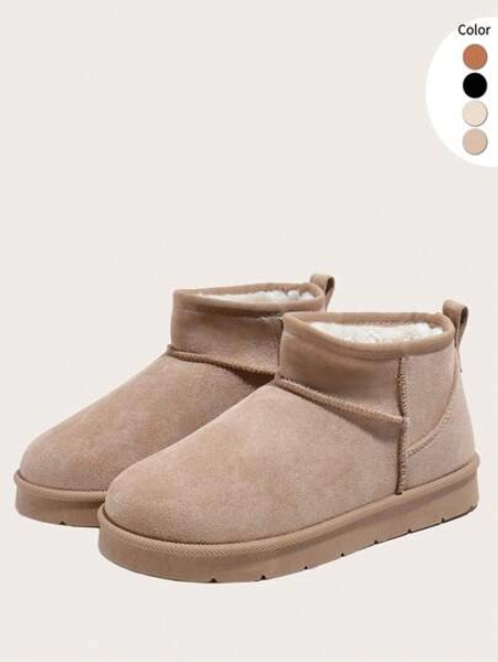 Women's Fashion Casual Thickened Warm Flat Short Boots With PVC Sole, Leisure Style Winter Snow Boots, Beige