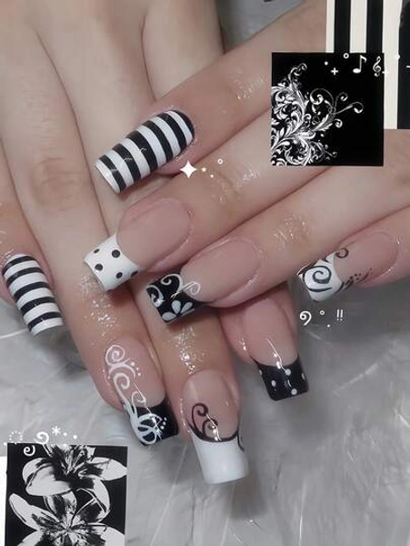 24-Piece Summer French Black-And-White Striped Hand-Painted Vine Pattern Acrylic Press-On Nails-Perfect For Daily Outings, Dates, And Photo Ops. Maxes Out Your Style And Goes With Any Outfit.