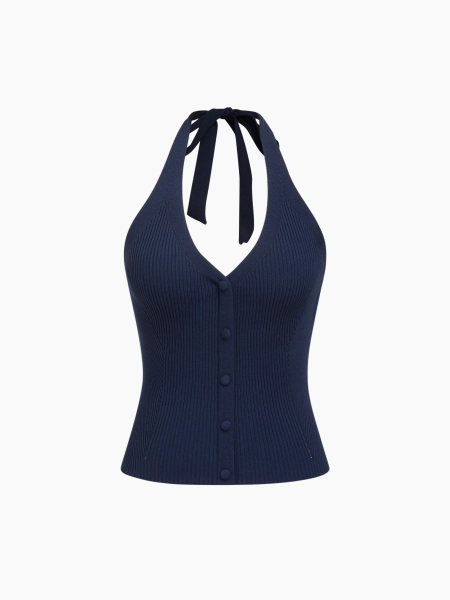 Crop Top de punto con cuello halter, ribete y botones