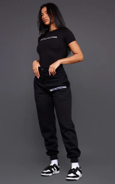 PRETTYLITTLETHING Black Logo High Waisted Cuffed Joggers