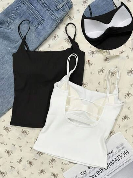 Tseoso Casual Versatile 2 Packs Camisole Tops With Built-In Padded Bra - White, Black Ribbed Tank Top Design, Perfect Summer Tops, Suitable For Year-Round Wear. Ideal For Home, Casual Outings, And Sports. Comfortable And Stylish Cami For Layering Or Wearing Alone.,Tank Top,Black Top