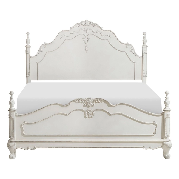 1pc Victorian Antique White Full Bed Frame - Ornate Curved Headboard & Footboard with Floral Carvings, Turned Posts, Non-Wood Durable, Pre-Assembled Traditional Queen-Size Equivalent Bed (Victorian Style Furniture for
