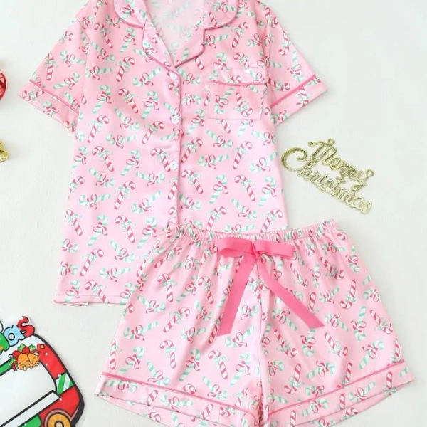 Girls Christmas Candy Cane Print Pajama Set