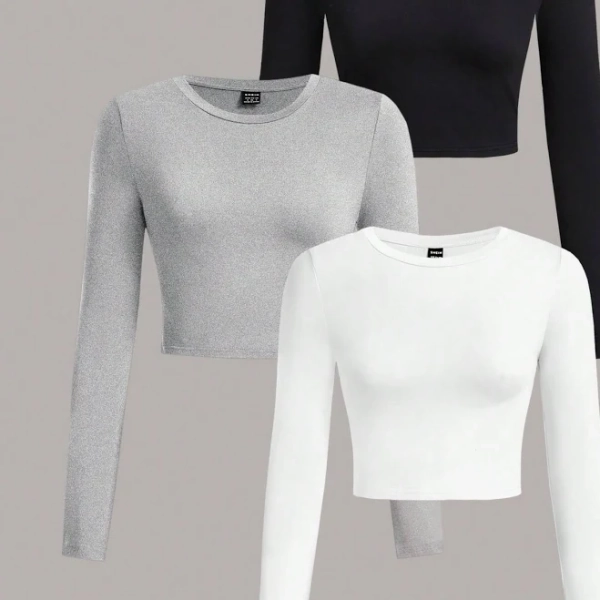 SHEIN 3-Piece Slim Fit Long Sleeve Crop Top