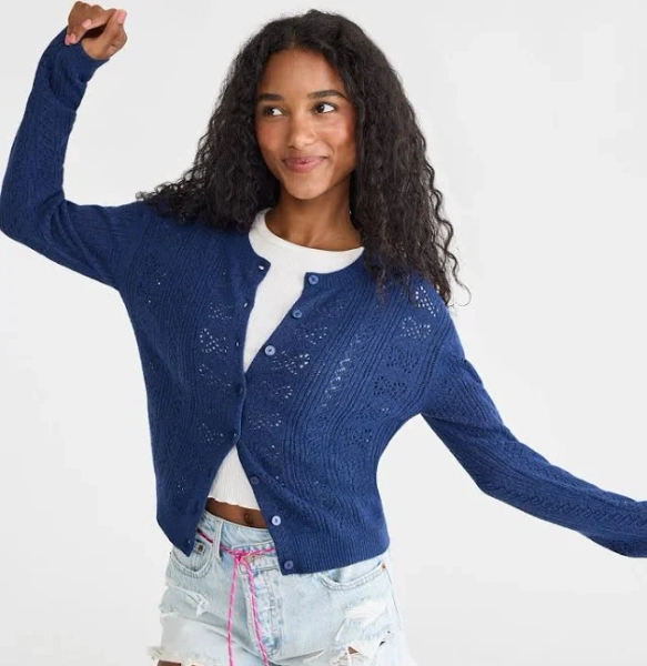 Aeropostale Women's Pointelle Bow Crew Cardigan