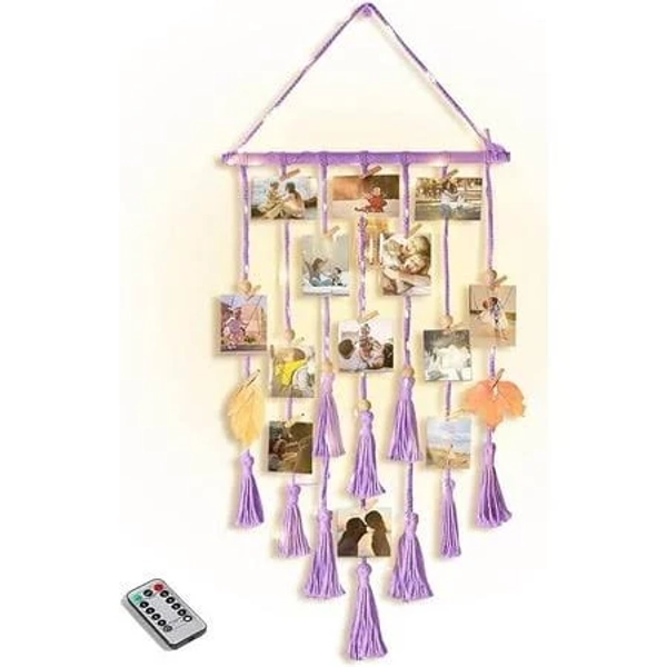 Homecor Room Decor for Teen Girls, Hanging Photo Display Macrame Picture Collage Wall Decor, Boho Decor for Bedroom Apartment Dorm Room with Remote