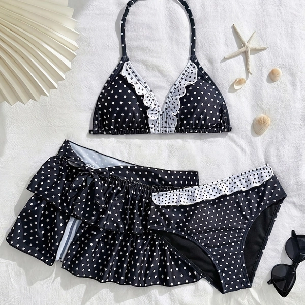 Suitable for Pool Parties, Chelsea Style Girls' Polka Dot Ruffled Drawstring Flared Skirt Teen Bikini Set 3pcs, for Teenager, For Teenager