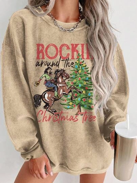 EMERY ROSE Christmas Pattern Print Fashionable Minimalist Women Crew Neck Fleece Long Sleeve Sweatshirt, Gift For Friends, Autumn/Winter