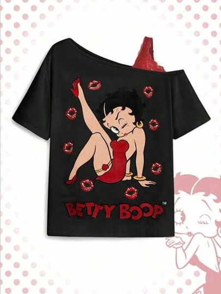 Betty Boop | ROMWE Plus Size Cartoon Character & Letter Print Contrast Lace Asymmetric Shoulder Casual T-Shirt, Summer,Graphic Tee - Size 4XL