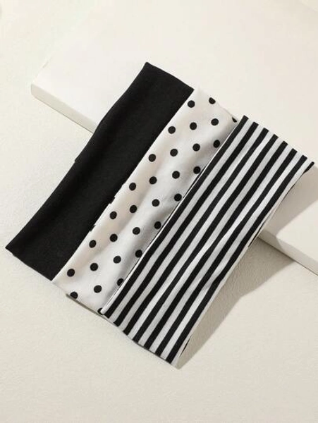 3pcs Black & White Polka Dot + Striped Elastic Sweatband, Suitable For Daily Life, Yoga, Workout, Travel, Women Hair Accessories Headbands For Women Fashion Head Wrap, School Stuff, College Autumn Accessories Women Hair Band Fall Winter For Vacation Outfits Woman Elegant Scarf Women Bandana Soft Headwrap