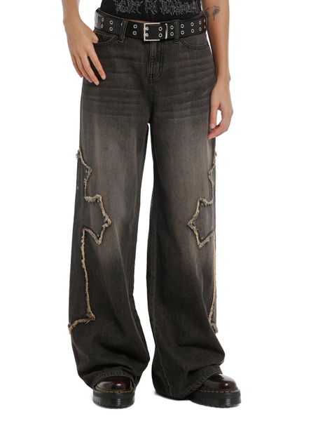 Social Collision Black Vintage Wash Gothic Cross Girls Wide Leg Jeans