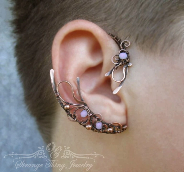 Pair of ear cuffs  My Moon Side, Copper pink beads ear wraps, single earring no piercing, handmade copper ear jewelry, elf cosplay costume
