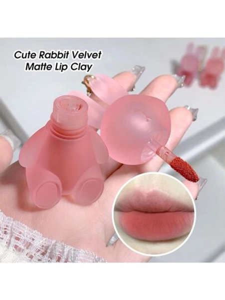 Gege Bear Keychain With Cute Bunny Shaped Fluffy Velvet Matte Lip Cream, Long Lasting Moisturizing & Non-fading & Non-sticky & Non-drying, Multiple Colors Available