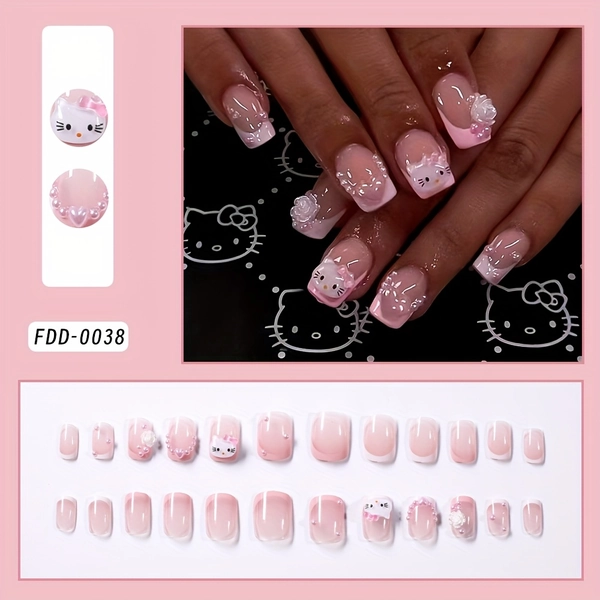 24pcs Sanrio Short-Length Square Cartoon False Nails - Pink Glossy Nail Tips, with Cute Hello Kitty Designs, Cute Nail Art for Holiday Parties, Reusable Press-On Nails, Suitable for Women's Daily Wear,  Press On Nails Application, Short Square Nails