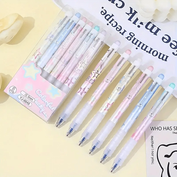 [Vibrant Erasable Gel Pens] 6/12 Vibrant Erasable Gel Pens - Retractable, 0.5mm Blue Ink, Star Design | Cute and Stylish for Office, School, Daily Writing & Drawing | Fast-Drying, Smooth Writing, Colorful Pens, Essential Office Accessory, Elegant Stationery