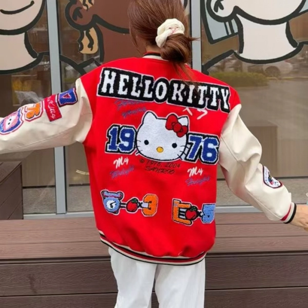 Plus Size, Sanrio Women's Hello Kitty & Kuromi Jacket - Cute Anime Character Coat with Hello Kitty Face & Kuromi Decoration, Red/White/Yellow/Black Casual Spring/Fall Outerwear Suitable for Parties,, Casual Attire - Sanrio Fashion Coat