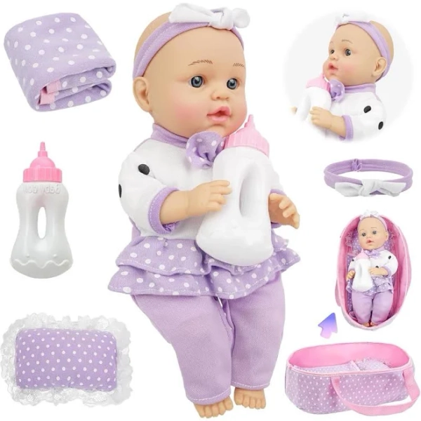 Baby Doll with Accessories, 12" Dolls Playset with Washable Carrier Bassinet Bed, Bottle, Blanket, and Pillow, Soft Body Baby Dolls for 2+ Year Old