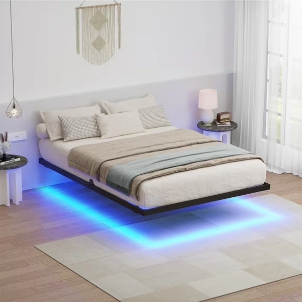 Lusimo Floating Bed Frame with LED Lights Full Size Metal Platform Bed Frame with 9.8" Under Bed Storage Space No Box Spring Needed, Black