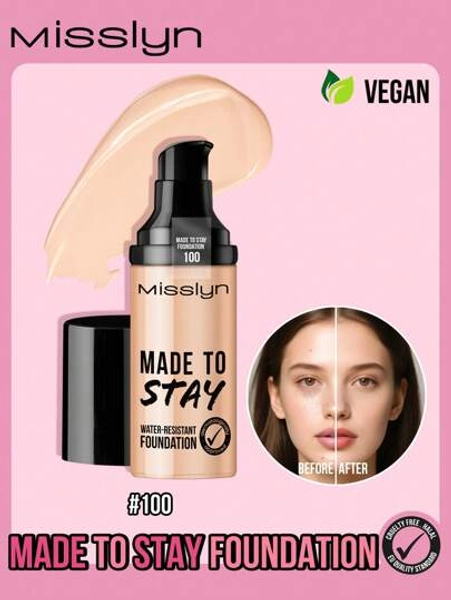 Misslyn MADE TO STAY WATER-RESISTANT FOUNDATION, Even Skin Tone, Water Resistant,Long-Lasting, Smudge Proof, Creamy Texture, High Coverage, Nourishing, Y2K Makeup Party Beach Travel Holiday Camping Outdoors Present Rose Fashion Girl New Year Cosmetic Cosplay Best Trip Festivals Color Fancy Campus School Charm Vibe Cny Chinese New Year, Valentine's Day Gifts,Vegan,Cruelty Free