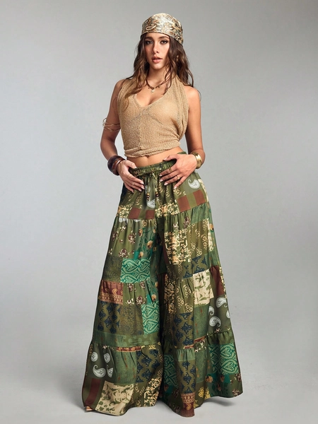 ROMWE Hippie Country Vacation Casual Patchwork Print Wide Leg Pants