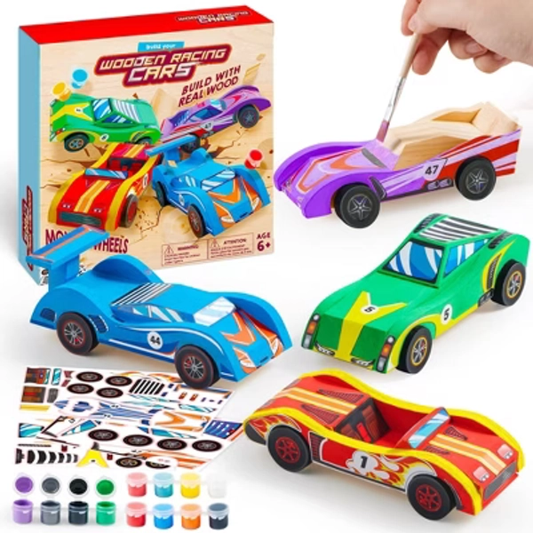 Joyfy 4 Piece Wooden Race Cars - Building & Painting Arts and Crafts Kit, Race Car Toys, Birthday Holiday Gift for Boys & Girls Age 6+