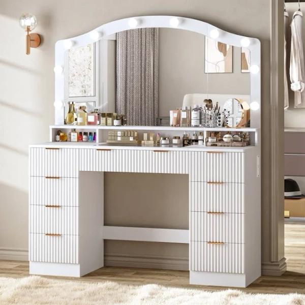 House of Hampton 9-Drawer Large Makeup Vanity with Lights and Power Outlets