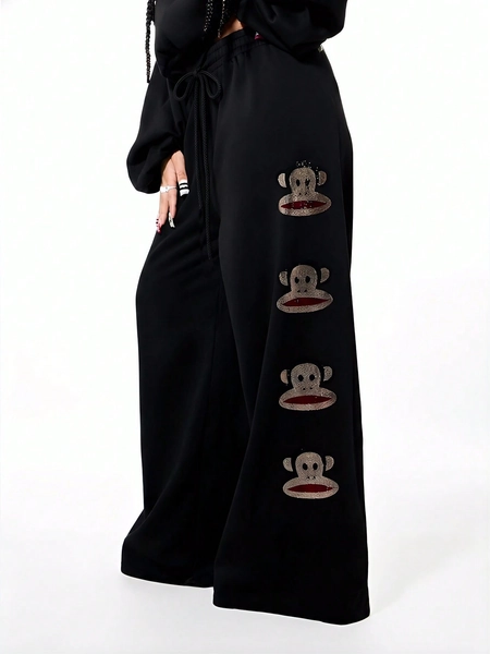 SUMWON WOMEN Women's Oversized Graphic Joggers Black Wide Leg Sweatpants Rhinestone Monkey Applique Drawstring Casual Loungewear