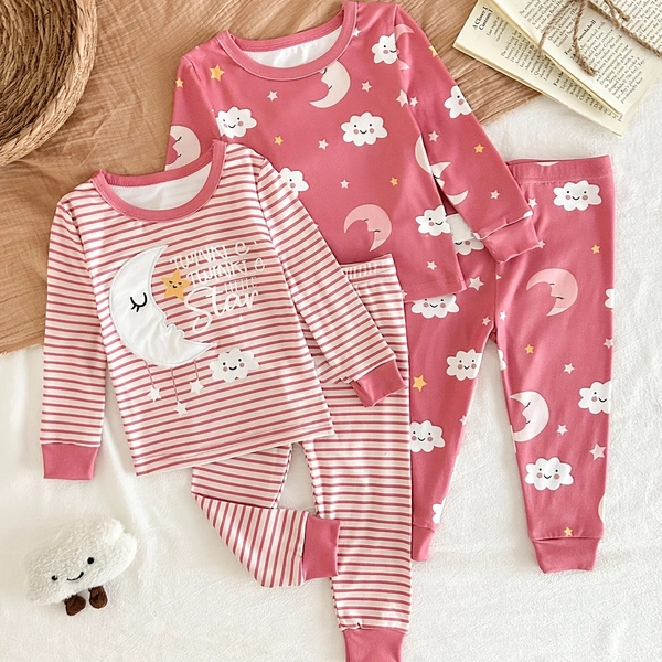 [Girls' Cloud & Moon Set] 4pcs Set: Spring/Summer Girls' Cloud and Moon Print Long-Sleeved Top and Matching Pants, Multi-Piece Set for Daily Wear, Simple Outfit, Perfect for Outdoor