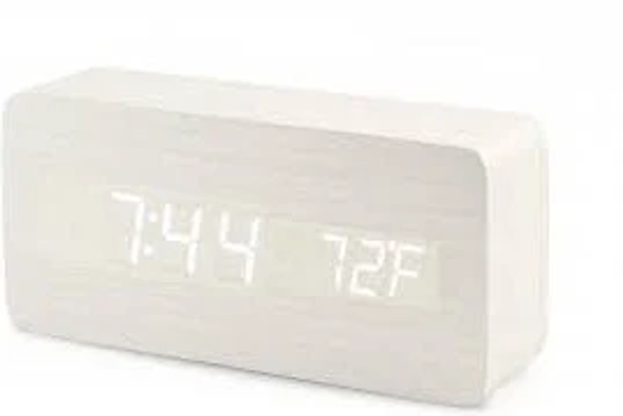 Auledio - Multi Functional LED Alarm Clock, Wooden Digital Clock with Temperature Display, Suitable for Home Office - White