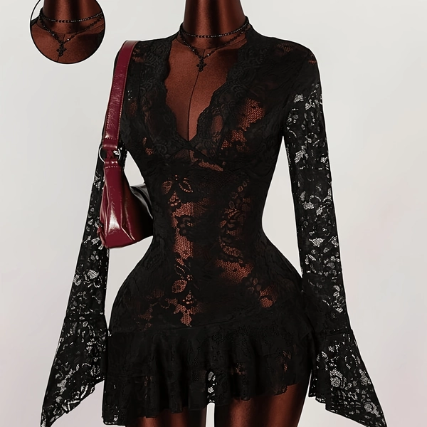 Women's Black Lace V-Neck Flare Sleeve Dress, Slim Fit Mini Dress with Ruffled Cuffs, Elegant Lace Dress, Perfect Choice for Vacation and Dates