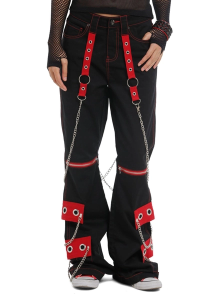 Social Collision Black & Red Chain Suspender Girls Wide Leg Pants