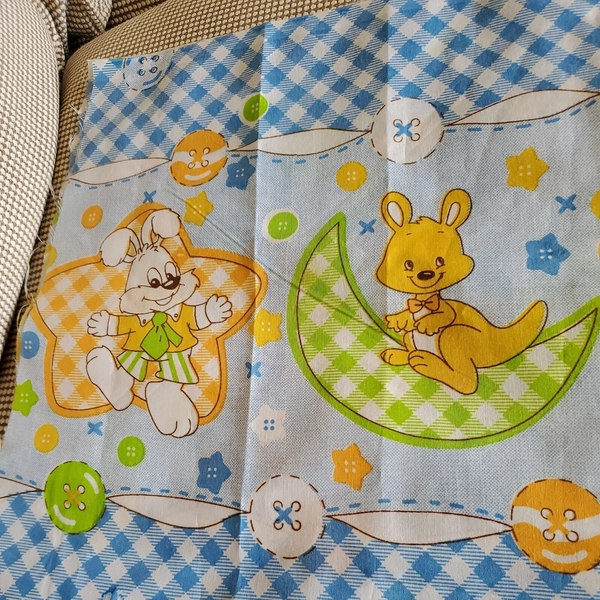Vintage Sewing Fabric 1960-70s Child's Print Blue Gingham Pets 22.5x45" Cotton