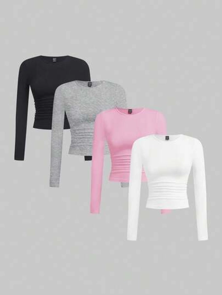 SHEIN EZwear Women's Solid Color Crew Neck Ruched Long Sleeve Fitted T-Shirt Women Crop Tops Long Sleeve Crop Tops Tight Tops Women Long Sleeve Tops Women Crop Tops Women S Long Sleeve Tops,Fall,Fall Clothes For Women Womens Long Sleeve Tops