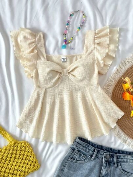 SHEIN Teen Girls' Summer Sunshine Sweet Casual Comfortable Ruffled Sleeve Knitted Jacquard T-Shirt, Homewear, Cute, Girl, Suitable For Parties, Valentine's Day