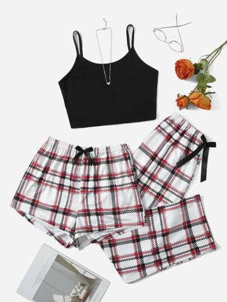 3pcs Plaid Bow Front PJ Set / Pajama Set
