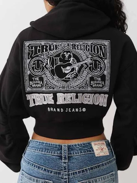 True Religion Women's Buddha Ruched Sleeve Zip Hoodie
