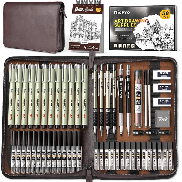 58pcs Art Drawing Supplies Kit In Leather Case, Art Mechanical Pencil Set with Metal Drafting Pencil 0.3 & 0.5 & 0.7 & 0.9 & 2mm, Sketch Book, 30 Tube Lead Refills for Sketching